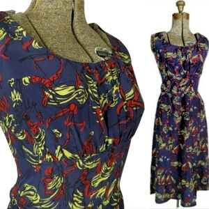 Anna Sui Vintage blue silk dress abstract print By Zandra Rhodes Made USA